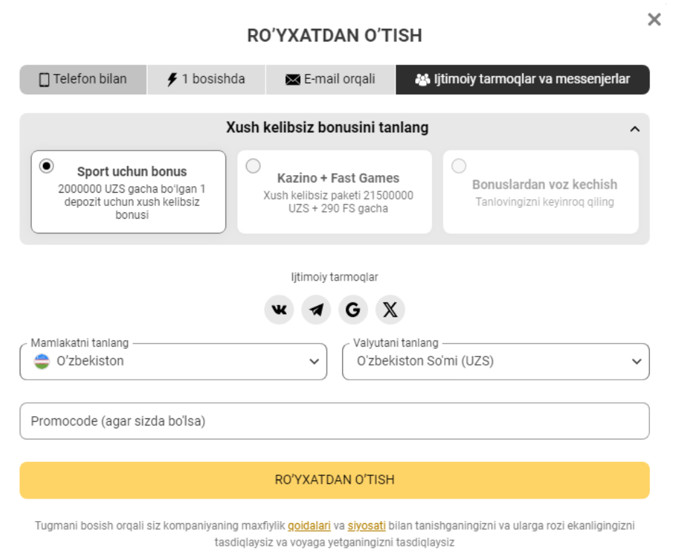 melbet ro'yxatdan o'tish